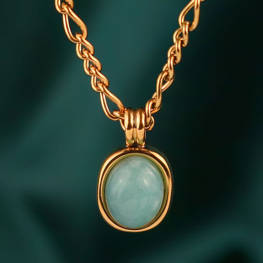 Genuine Oval Amazonite Pendant Figaro Chain Necklace