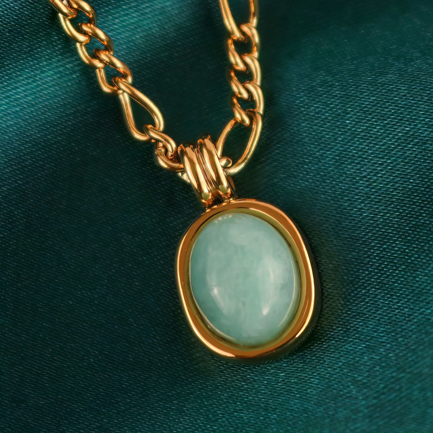 Genuine Oval Amazonite Pendant Figaro Chain Necklace