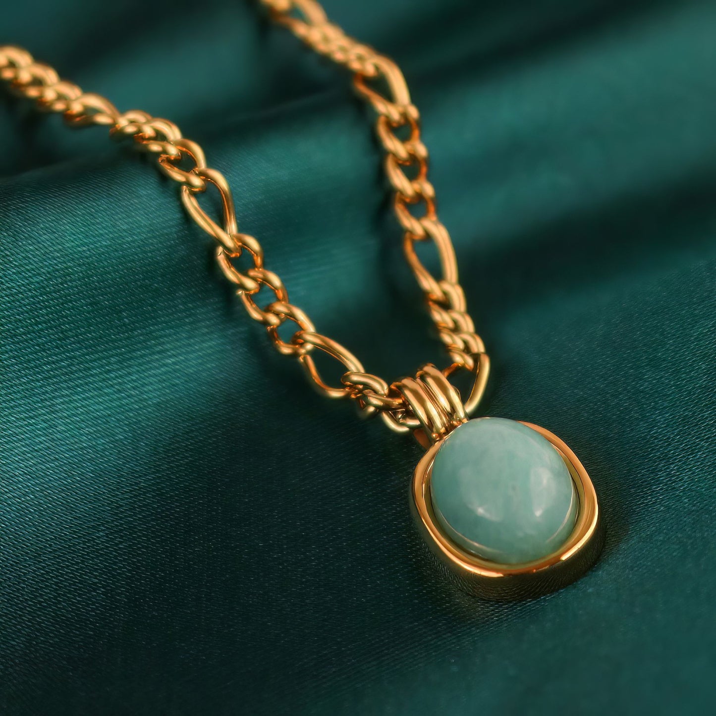 Genuine Oval Amazonite Pendant Figaro Chain Necklace