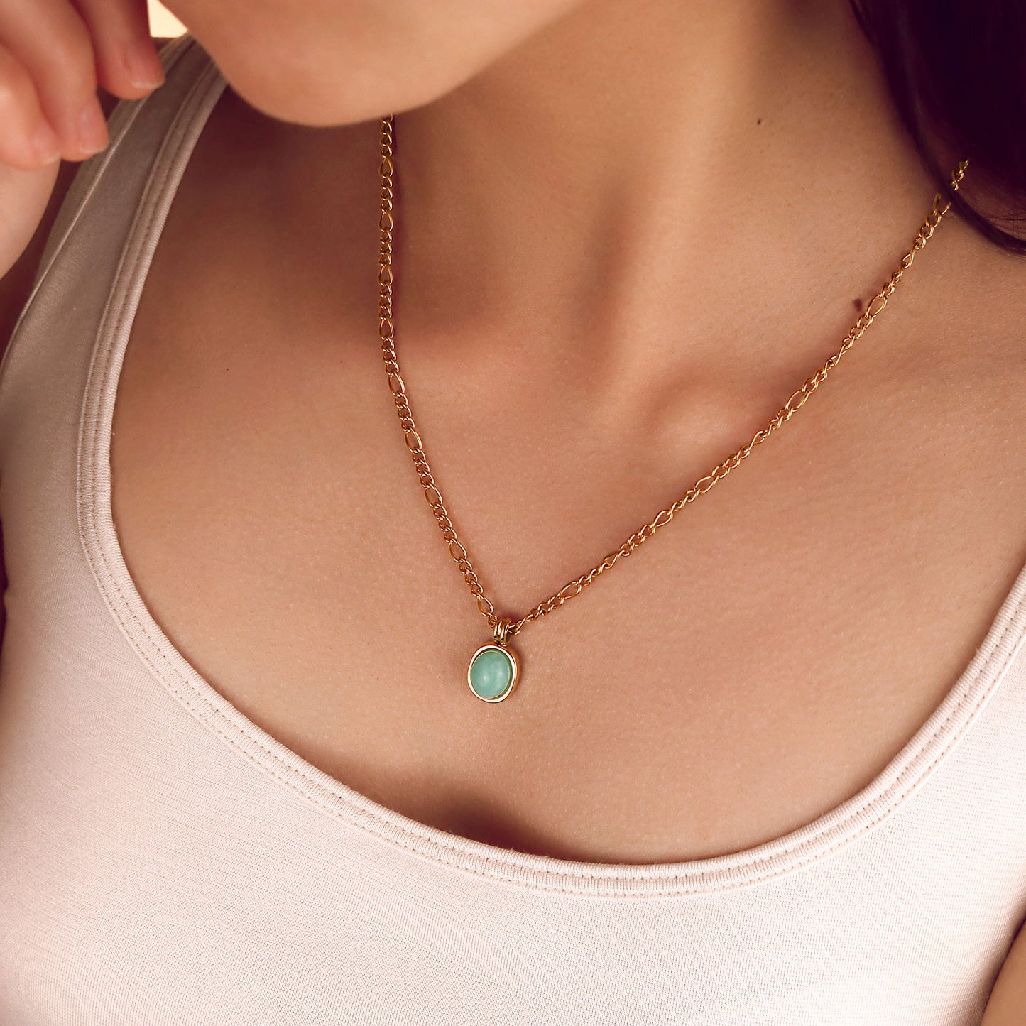 Genuine Oval Amazonite Pendant Figaro Chain Necklace