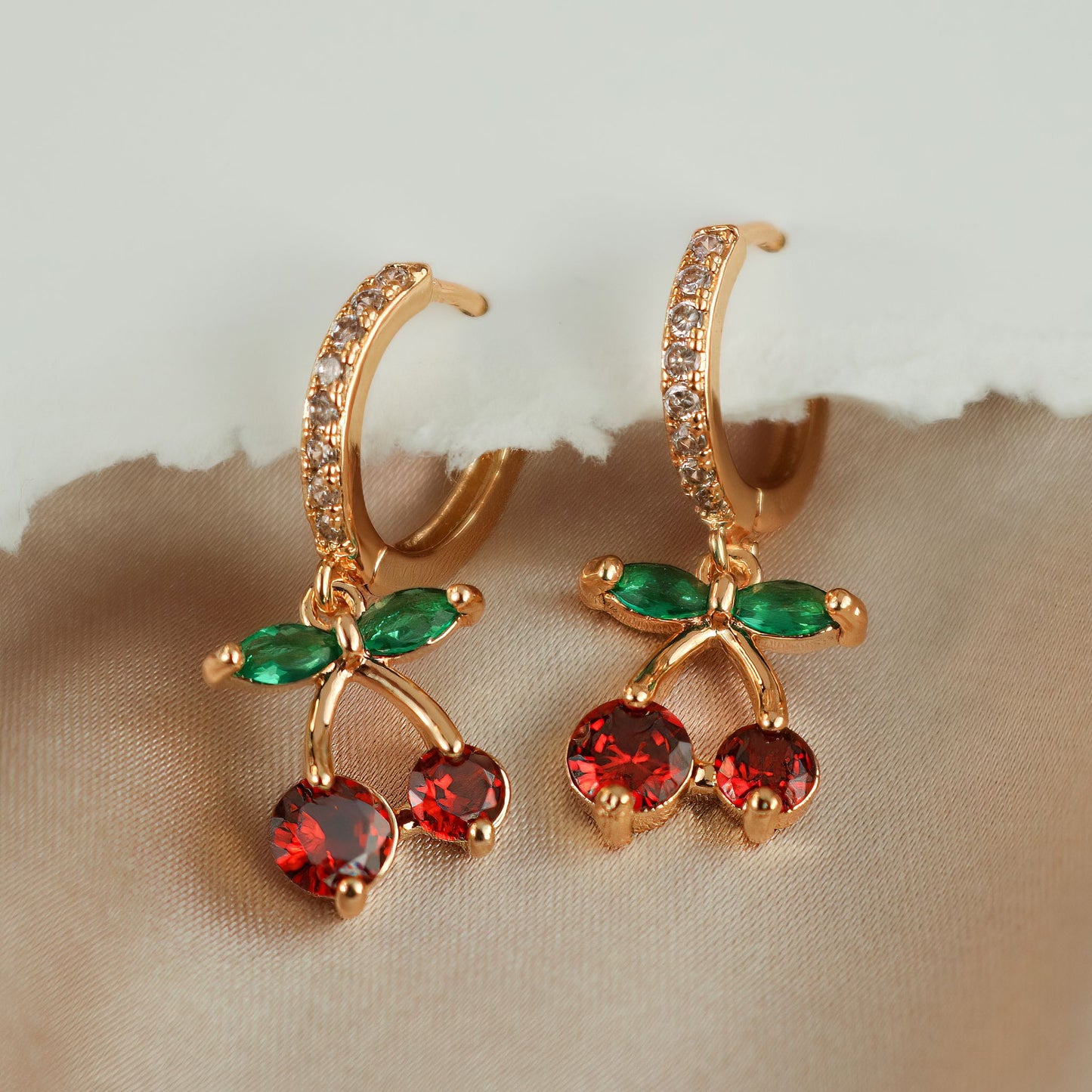 Ruby Cherry Drop Diamond Huggie Hoop Earrings