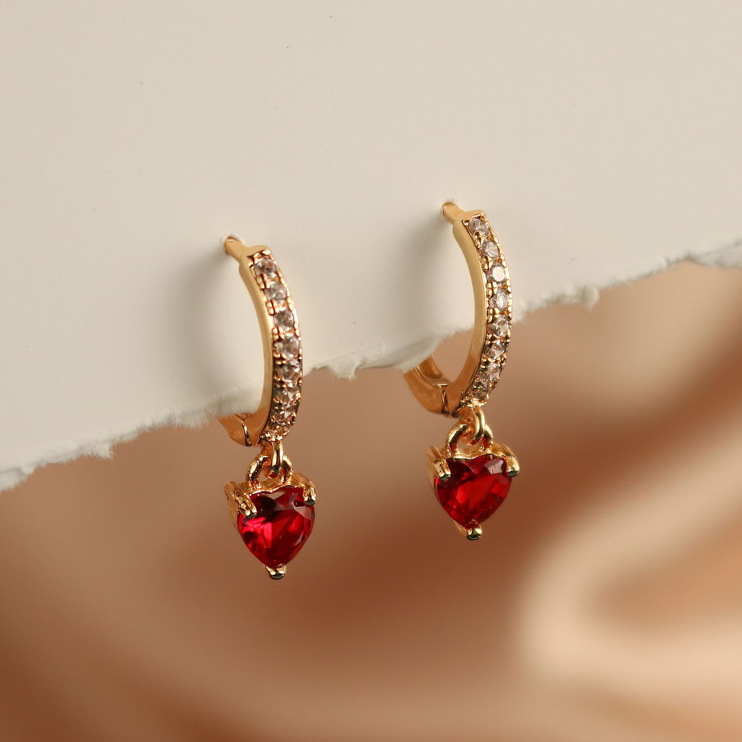 Red Ruby Droplet Diamond Huggie Hoop Earrings