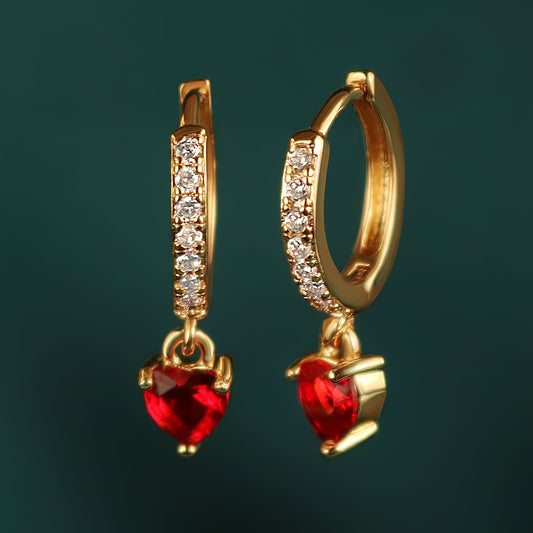 Red Ruby Droplet Diamond Huggie Hoop Earrings